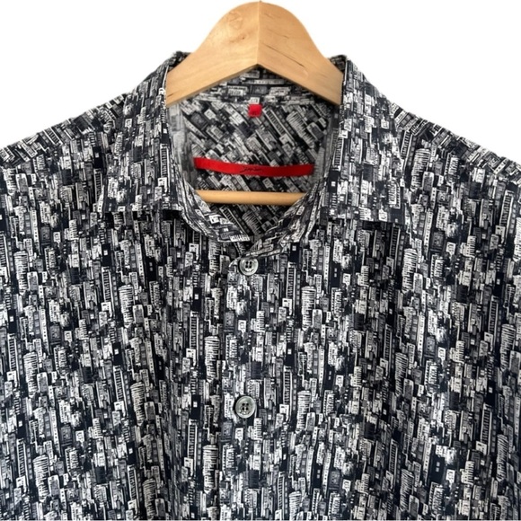 Signum Men’s Shades of Grey Urban Graphics Cotton Short Sleeve Collared Shirt - Picture 2 of 4